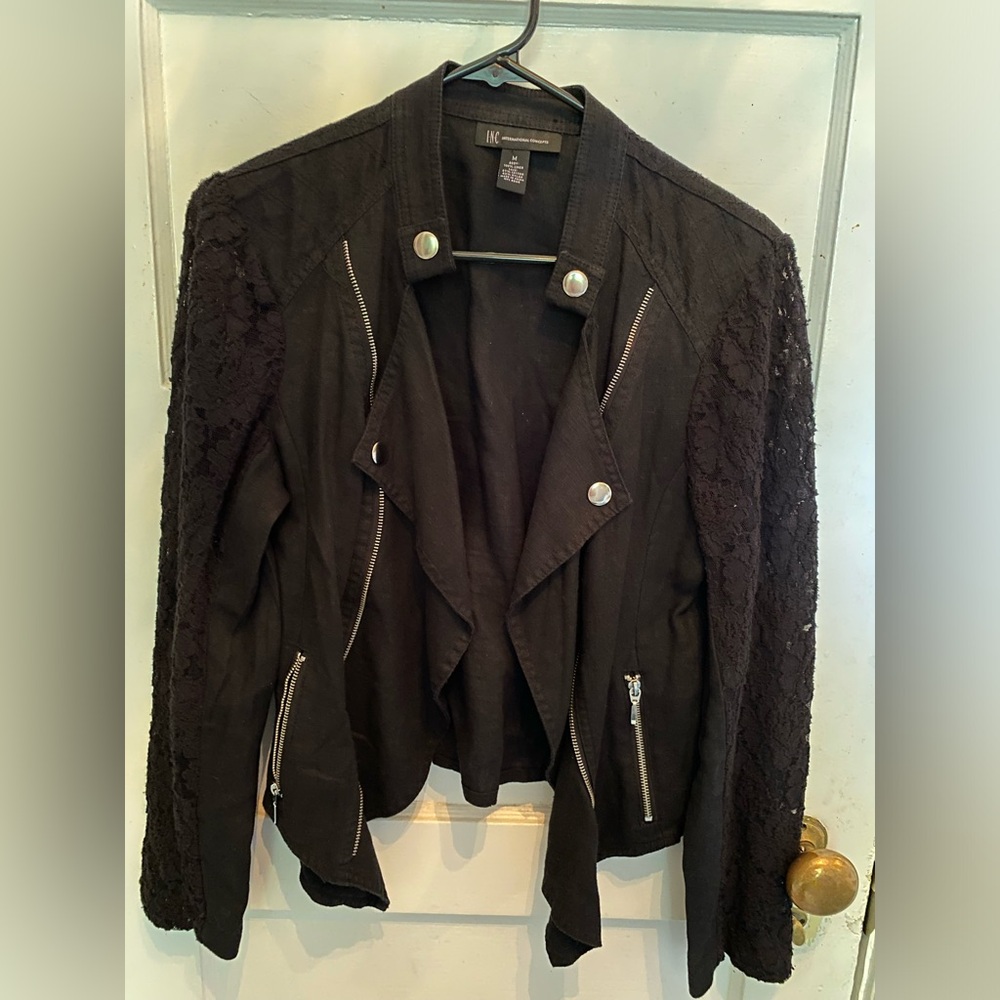 Black biker jacket with lace sleeves
